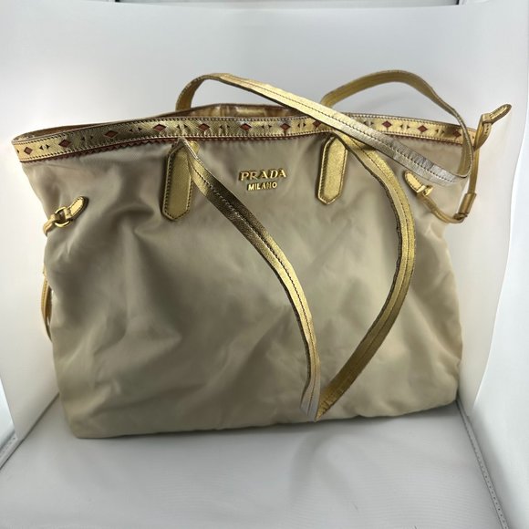 Vintage Nylon and Leather PRADA Tote Bag Cream Orange Gold - Picture 1 of 4